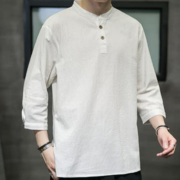 Cotton Linen Stand Collar Three-Quarter Sleeve Meditation Shirt