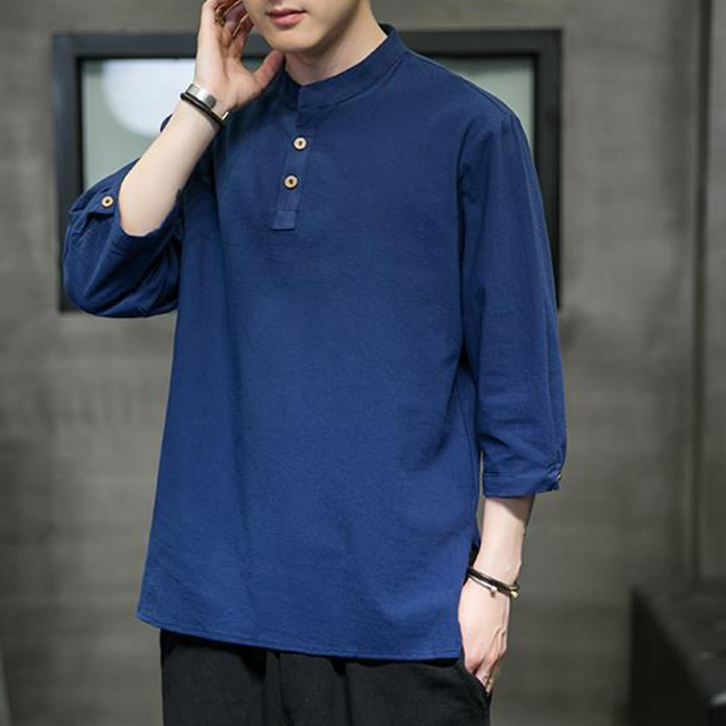 Cotton Linen Stand Collar Three-Quarter Sleeve Meditation Shirt