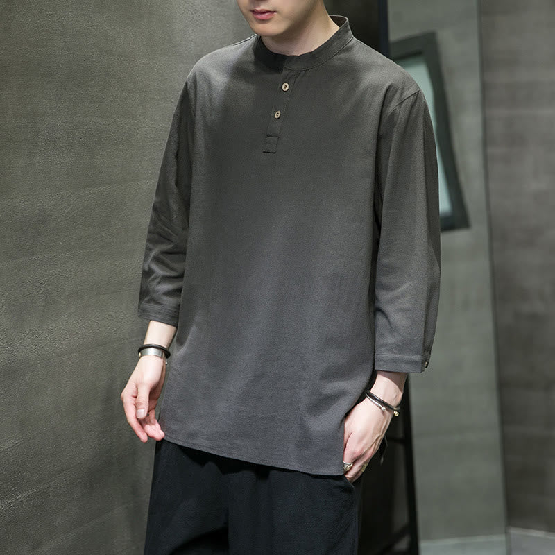 Cotton Linen Stand Collar Three-Quarter Sleeve Meditation Shirt
