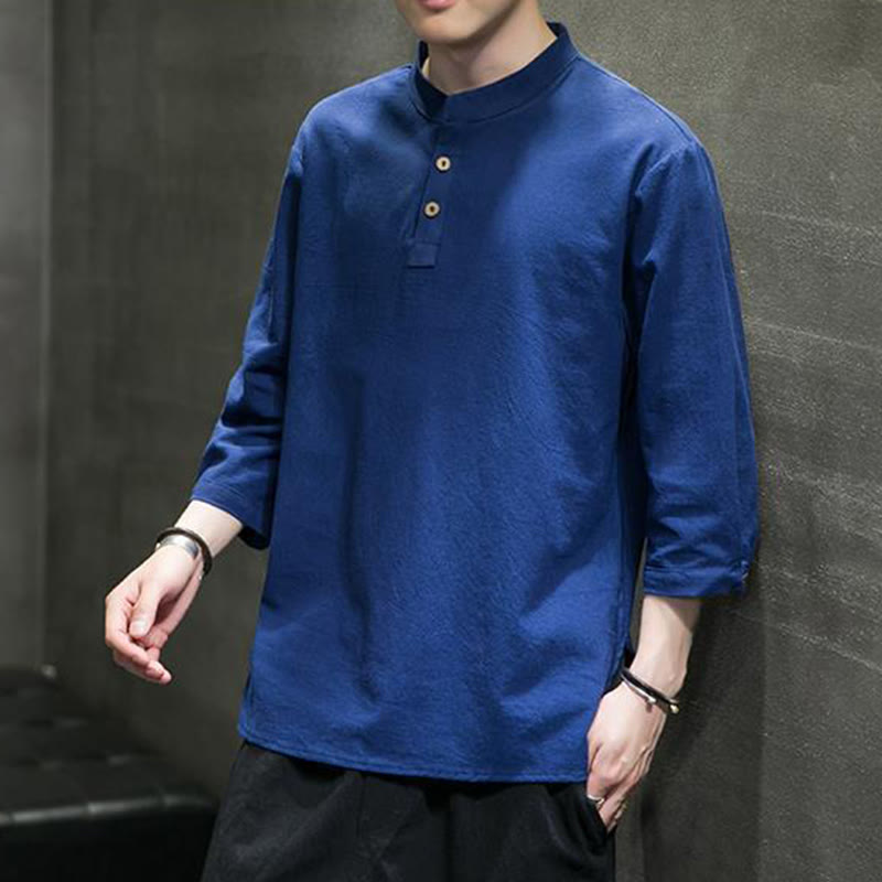 Cotton Linen Stand Collar Three-Quarter Sleeve Meditation Shirt