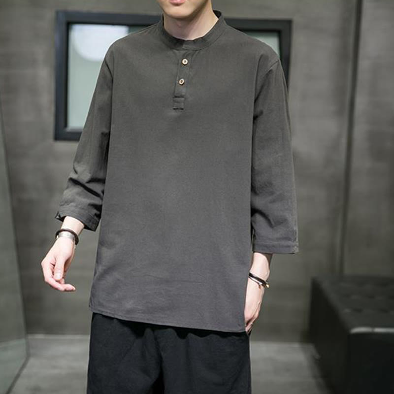 Cotton Linen Stand Collar Three-Quarter Sleeve Meditation Shirt