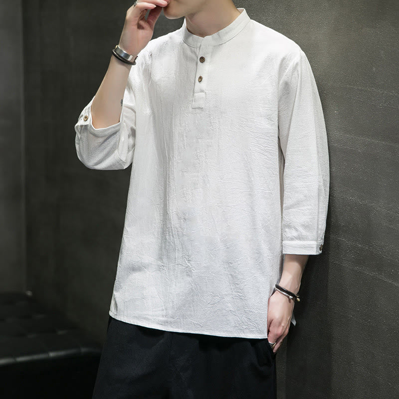 Cotton Linen Stand Collar Three-Quarter Sleeve Meditation Shirt