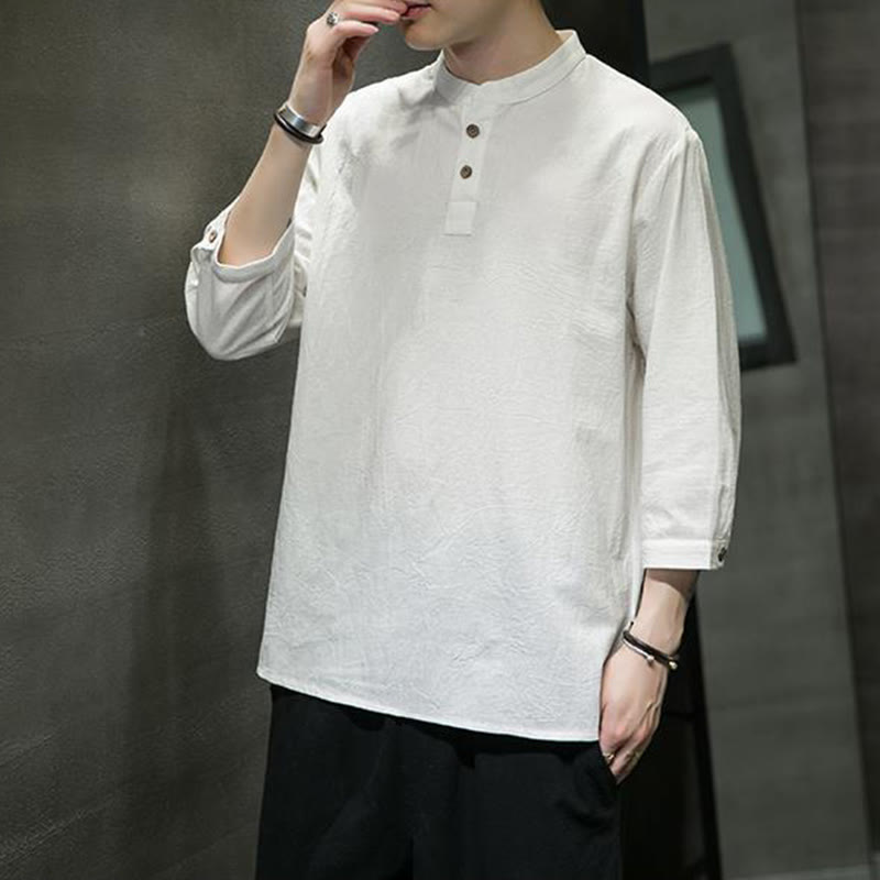 Cotton Linen Stand Collar Three-Quarter Sleeve Meditation Shirt