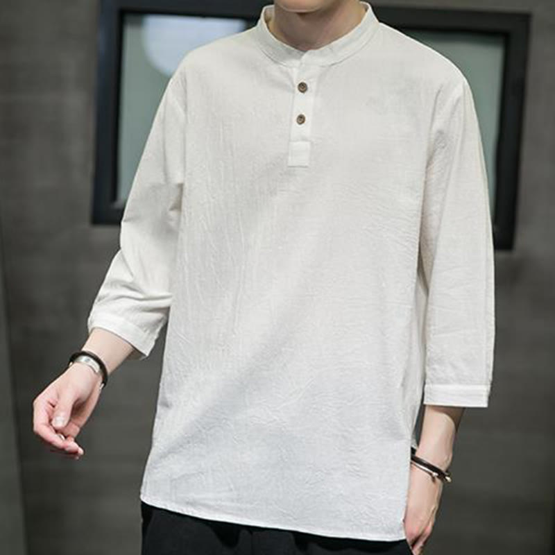 Cotton Linen Stand Collar Three-Quarter Sleeve Meditation Shirt