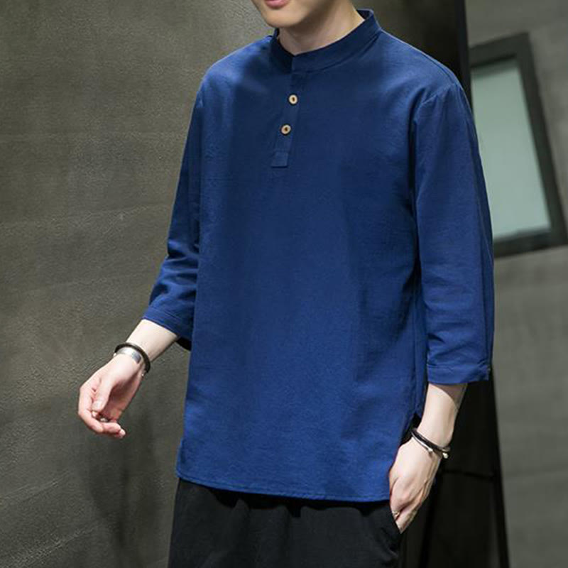 Cotton Linen Stand Collar Three-Quarter Sleeve Meditation Shirt