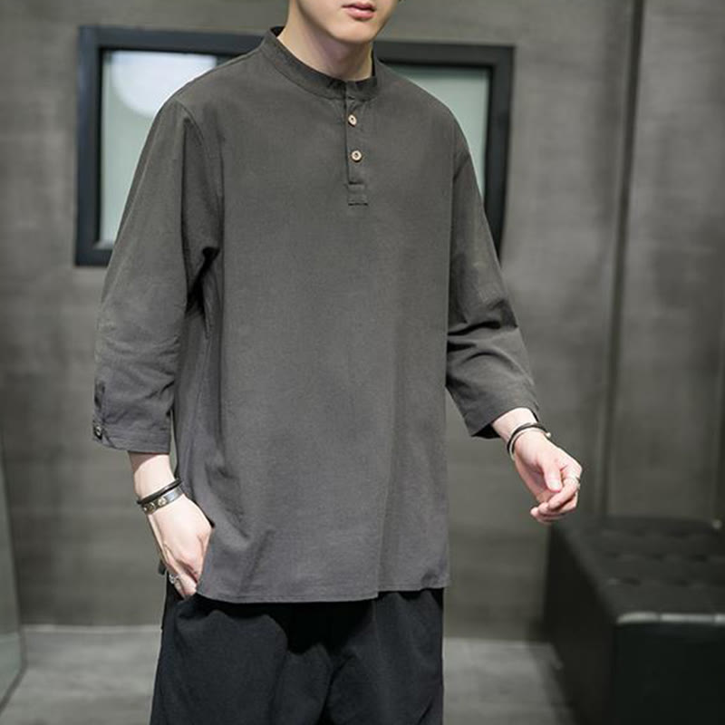 Cotton Linen Stand Collar Three-Quarter Sleeve Meditation Shirt