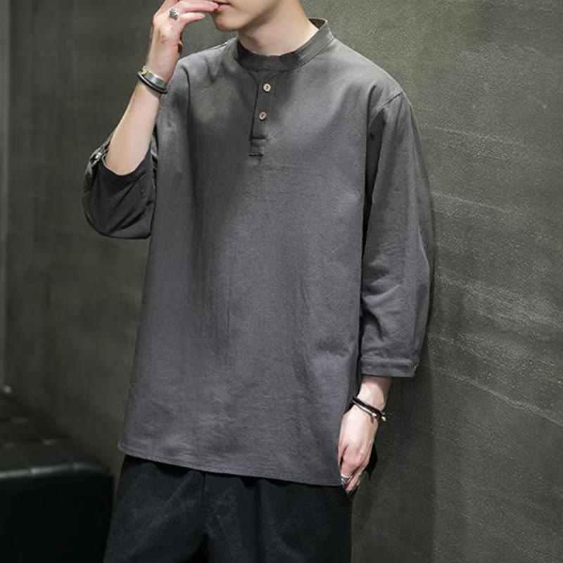 Cotton Linen Stand Collar Three-Quarter Sleeve Meditation Shirt