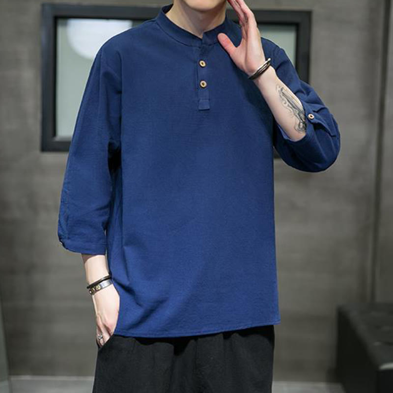 Cotton Linen Stand Collar Three-Quarter Sleeve Meditation Shirt