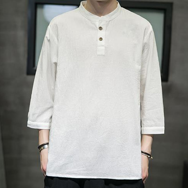Vintage Causal Pure Color Stand Collar Men's Three Quarter Sleeve Cotton Linen Shirt