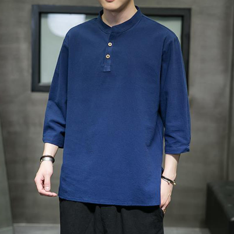 Cotton Linen Stand Collar Three-Quarter Sleeve Meditation Shirt