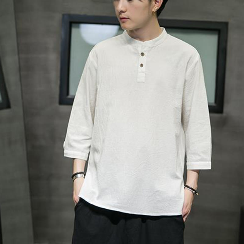 Cotton Linen Stand Collar Three-Quarter Sleeve Meditation Shirt