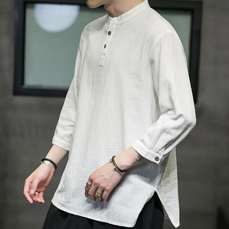 Cotton Linen Stand Collar Three-Quarter Sleeve Meditation Shirt