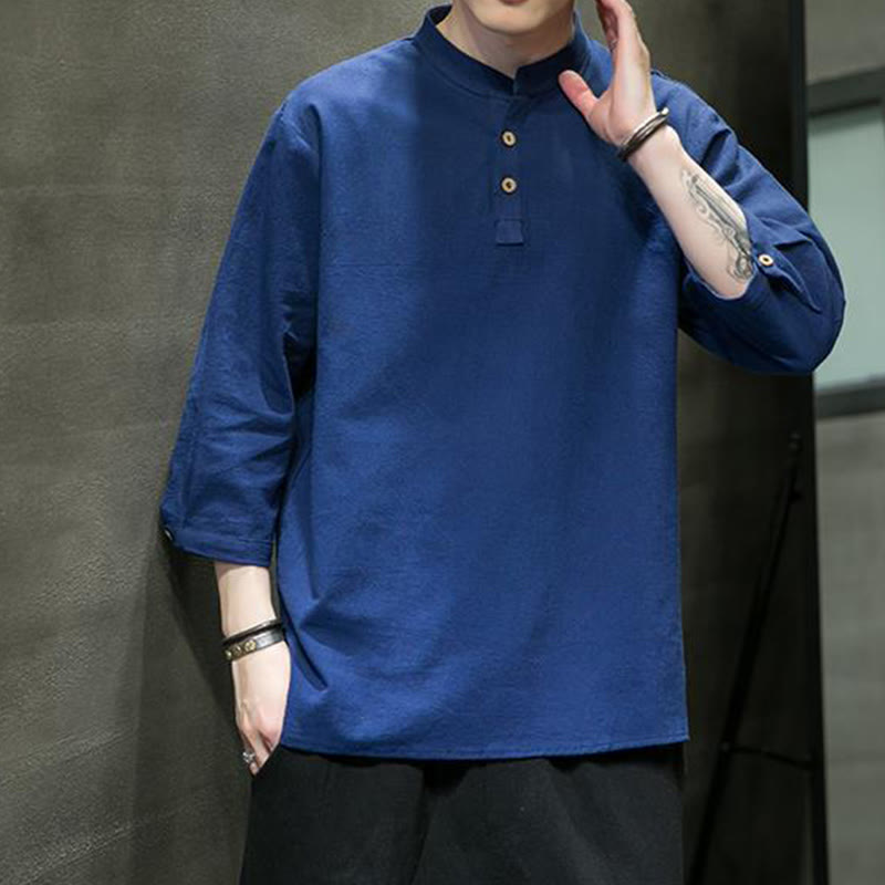 Cotton Linen Stand Collar Three-Quarter Sleeve Meditation Shirt