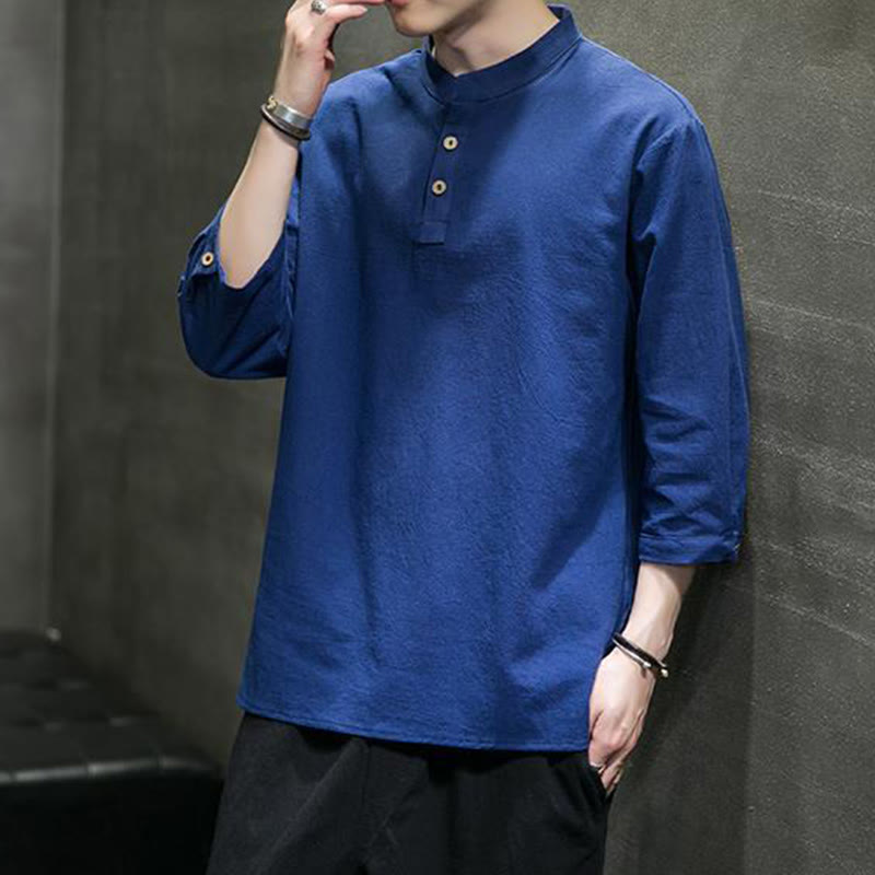 Cotton Linen Stand Collar Three-Quarter Sleeve Meditation Shirt