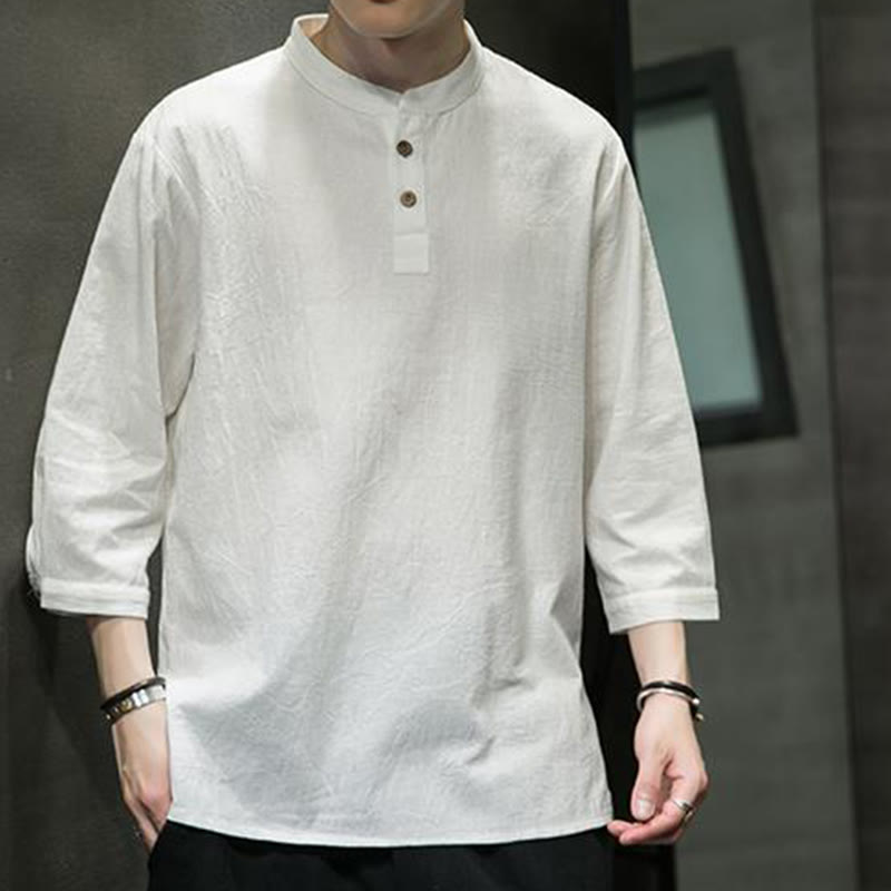Cotton Linen Stand Collar Three-Quarter Sleeve Meditation Shirt