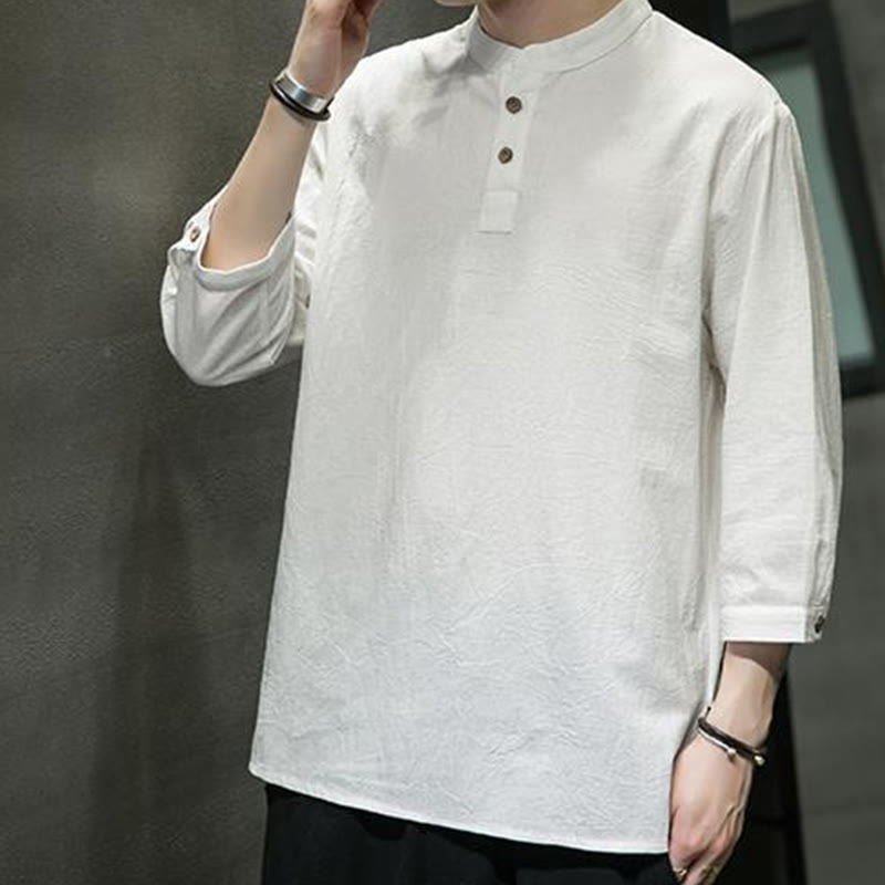 Cotton Linen Stand Collar Three-Quarter Sleeve Meditation Shirt