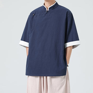 Linen Cotton Stand Collar Slanted Placket Meditation Shirt