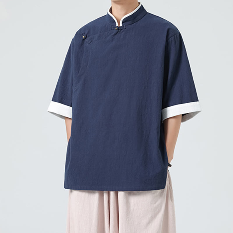 Linen Cotton Stand Collar Slanted Placket Meditation Shirt