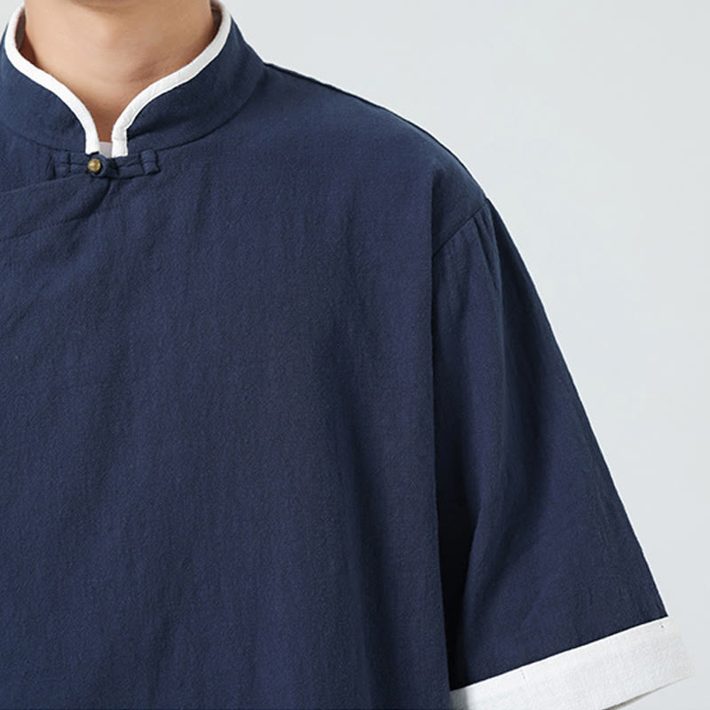 Linen Cotton Stand Collar Slanted Placket Meditation Shirt
