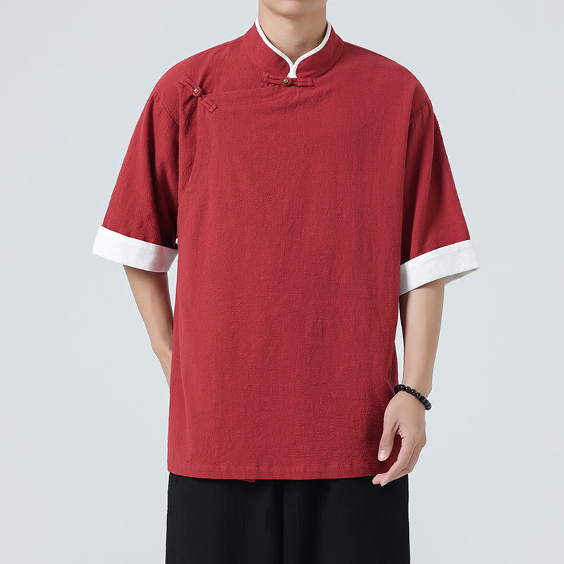 Linen Cotton Stand Collar Slanted Placket Meditation Shirt