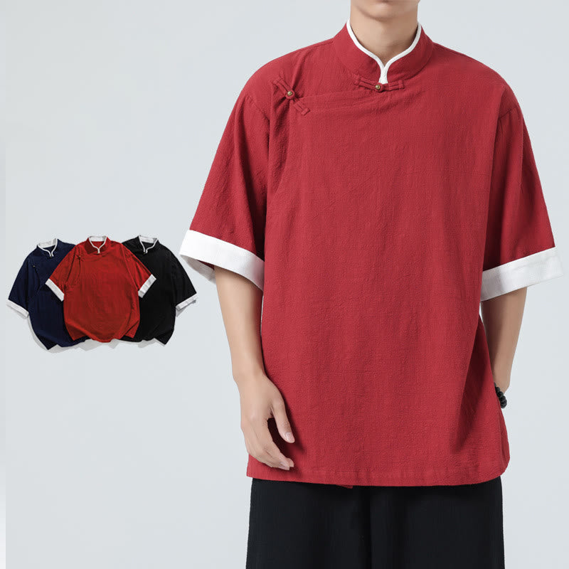 Linen Cotton Stand Collar Slanted Placket Meditation Shirt