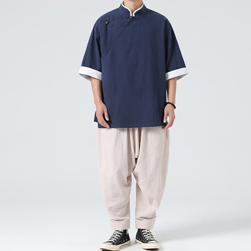 Linen Cotton Stand Collar Slanted Placket Meditation Shirt