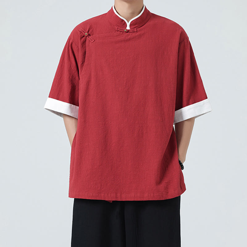 Linen Cotton Stand Collar Slanted Placket Meditation Shirt