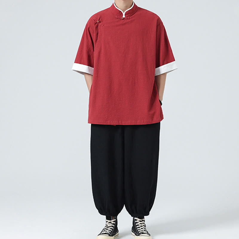 Linen Cotton Stand Collar Slanted Placket Meditation Shirt