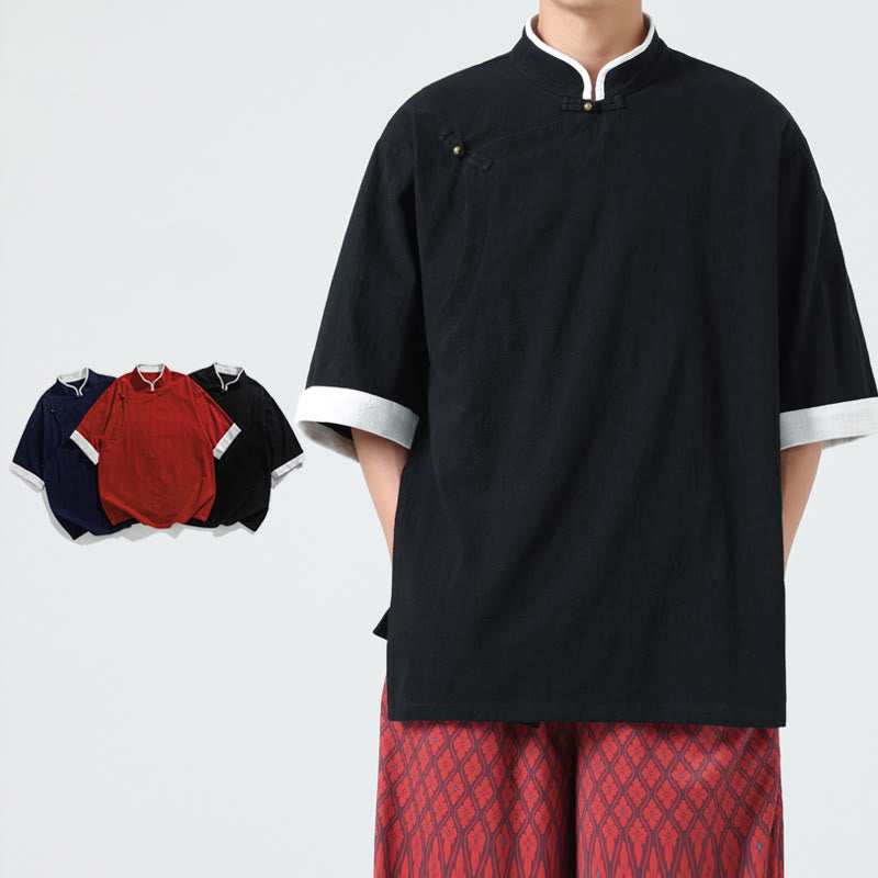 Linen Cotton Stand Collar Slanted Placket Meditation Shirt