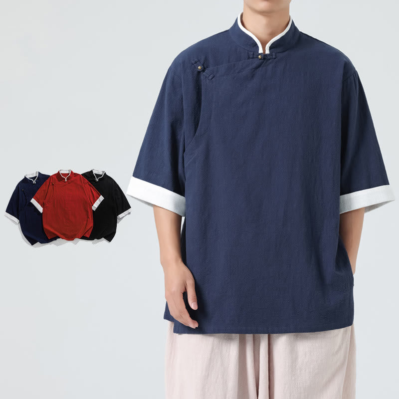 Linen Cotton Stand Collar Slanted Placket Meditation Shirt