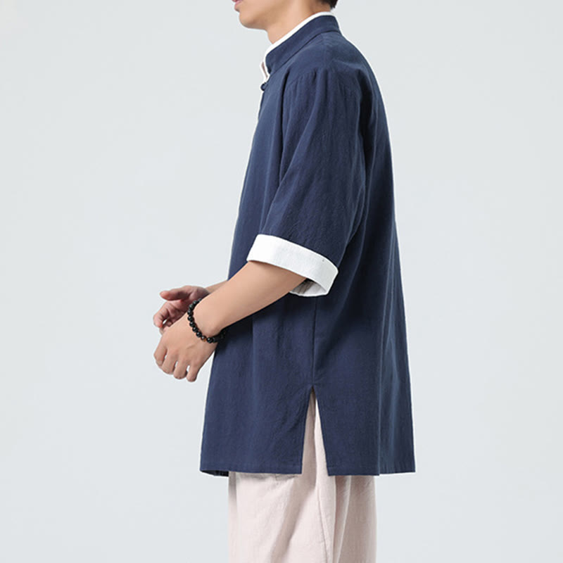 Linen Cotton Stand Collar Slanted Placket Meditation Shirt