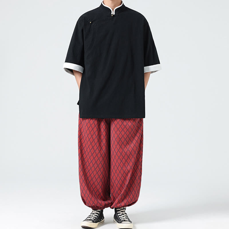 Linen Cotton Stand Collar Slanted Placket Meditation Shirt