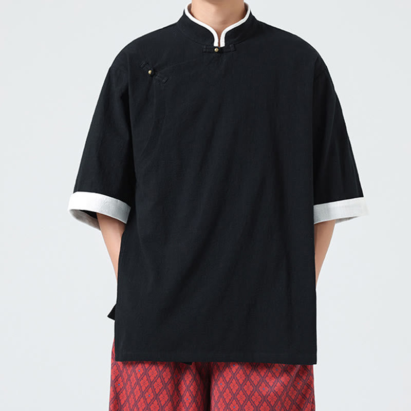 Linen Cotton Stand Collar Slanted Placket Meditation Shirt