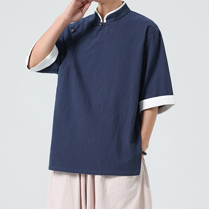 Linen Cotton Stand Collar Slanted Placket Meditation Shirt