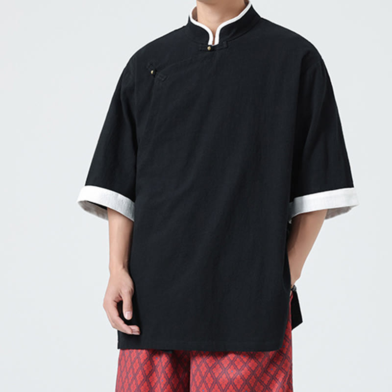 Linen Cotton Stand Collar Slanted Placket Meditation Shirt