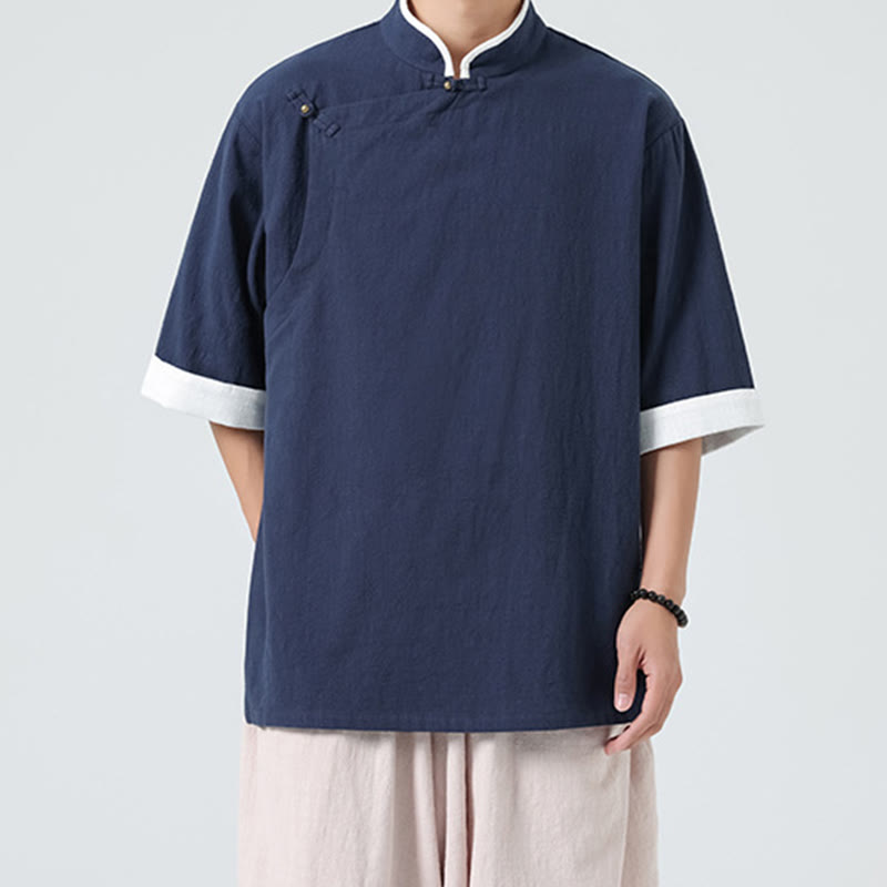 Linen Cotton Stand Collar Slanted Placket Meditation Shirt