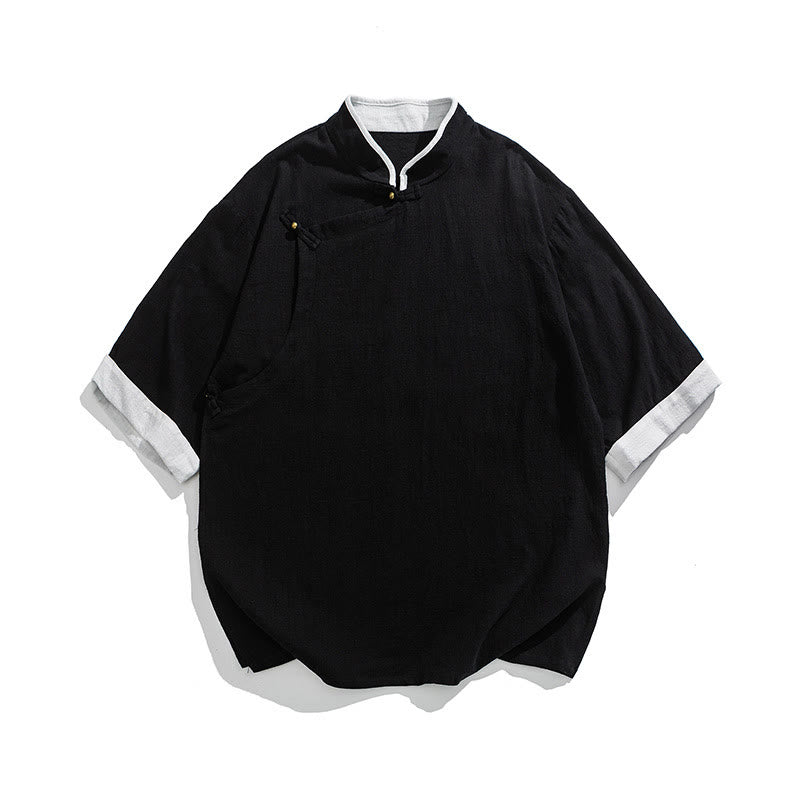 Linen Cotton Stand Collar Slanted Placket Meditation Shirt