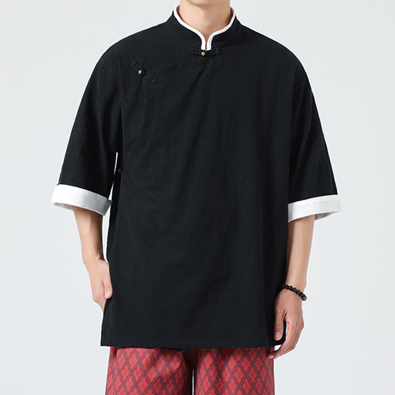 Linen Cotton Stand Collar Slanted Placket Meditation Shirt