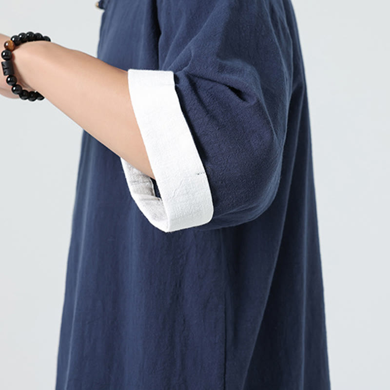 Linen Cotton Stand Collar Slanted Placket Meditation Shirt