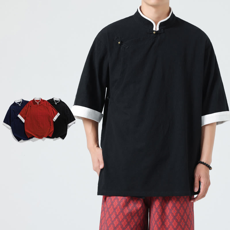 Linen Cotton Stand Collar Slanted Placket Meditation Shirt