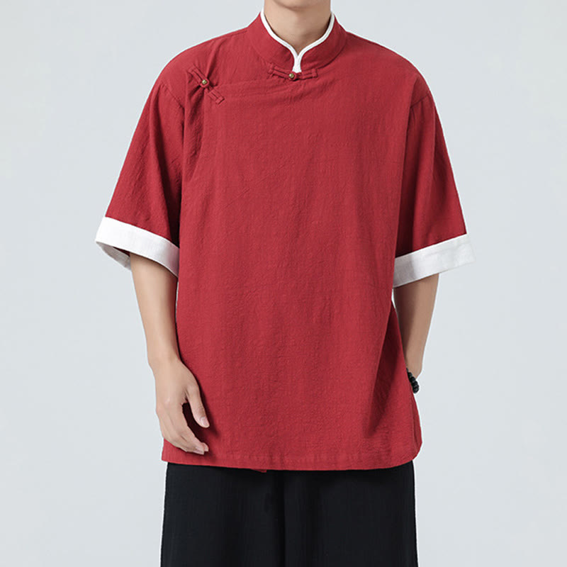 Linen Cotton Stand Collar Slanted Placket Meditation Shirt