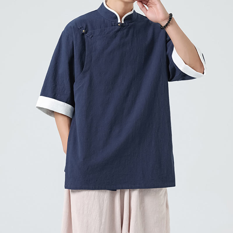 Linen Cotton Stand Collar Slanted Placket Meditation Shirt