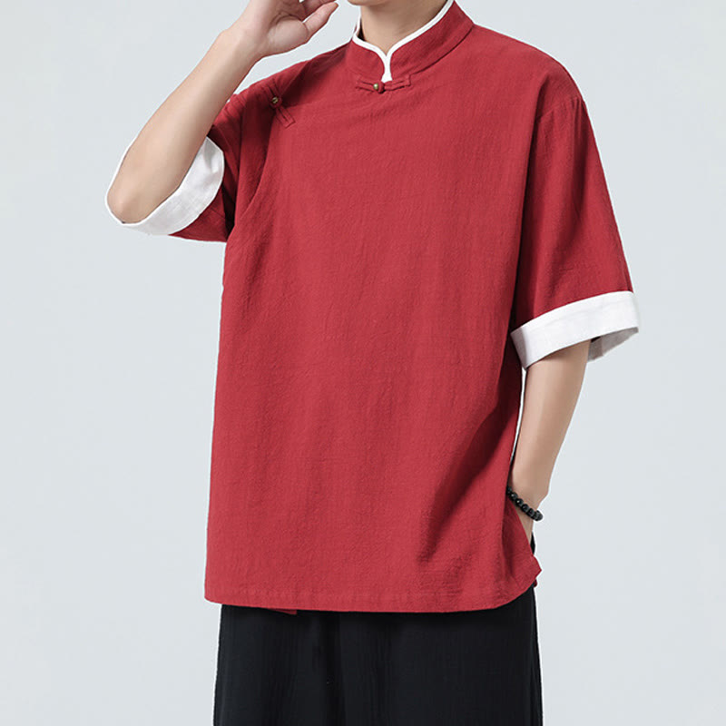 Linen Cotton Stand Collar Slanted Placket Meditation Shirt