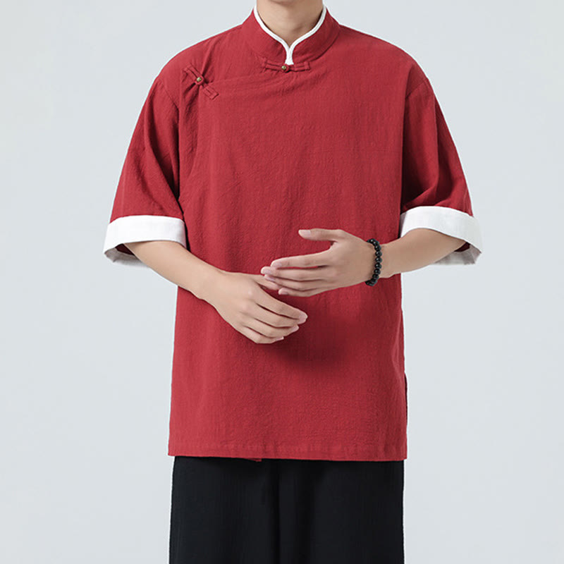 Linen Cotton Stand Collar Slanted Placket Meditation Shirt