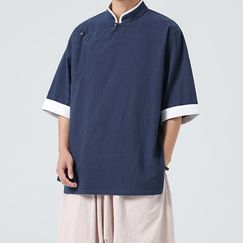 Vintage Spring Color Matching Collar Slanted Placket Design Men's Half Sleeve Cotton Linen Shirt