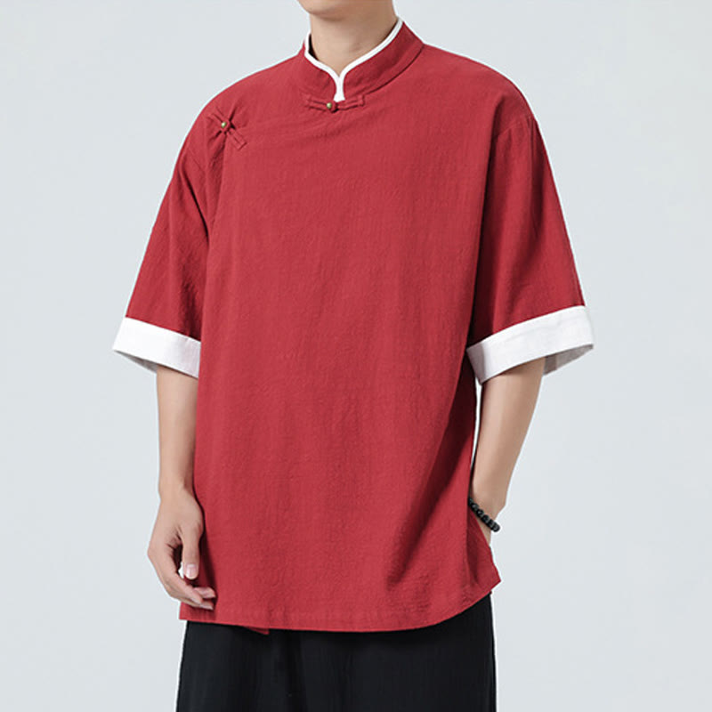 Linen Cotton Stand Collar Slanted Placket Meditation Shirt