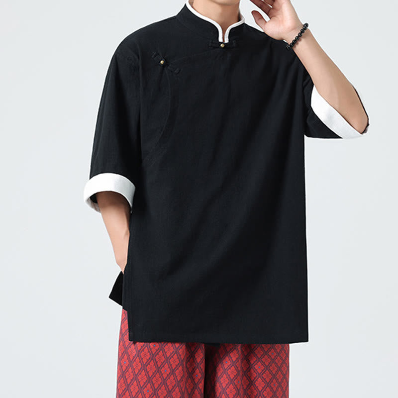 Linen Cotton Stand Collar Slanted Placket Meditation Shirt