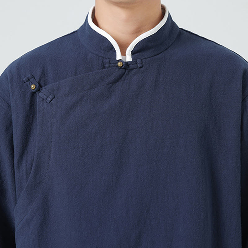 Linen Cotton Stand Collar Slanted Placket Meditation Shirt