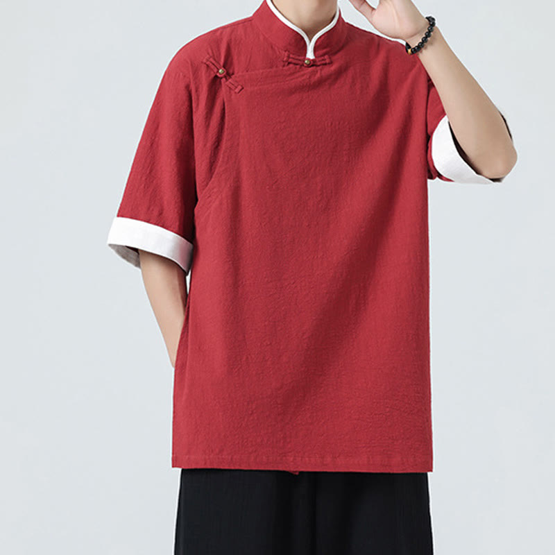 Linen Cotton Stand Collar Slanted Placket Meditation Shirt