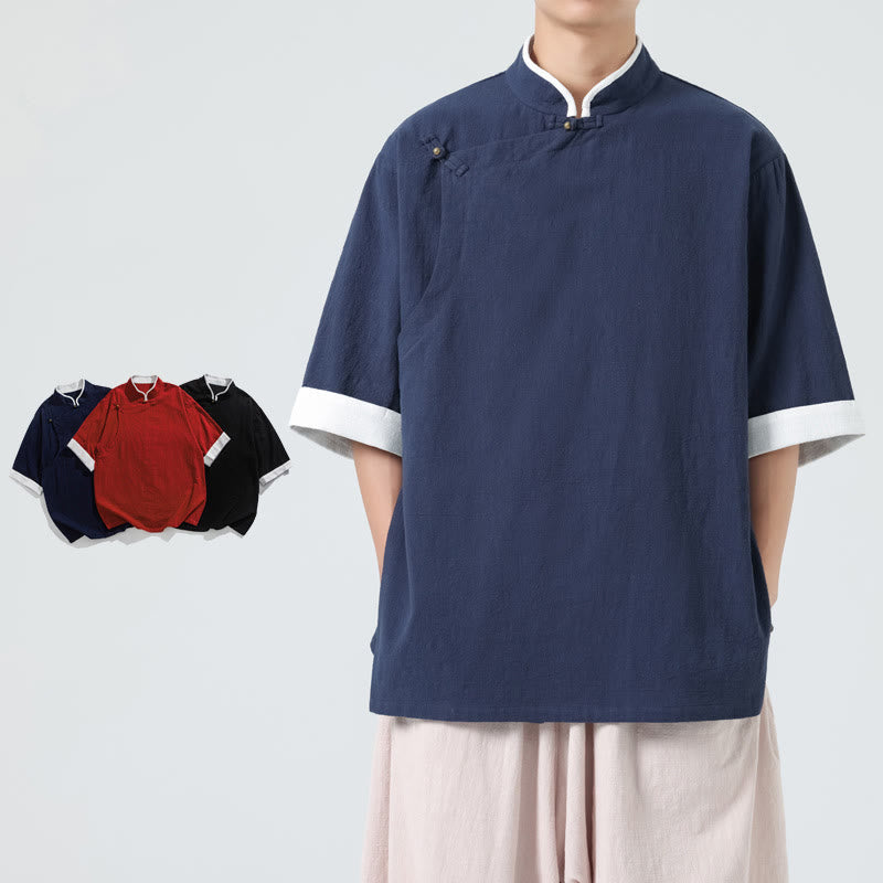 Linen Cotton Stand Collar Slanted Placket Meditation Shirt